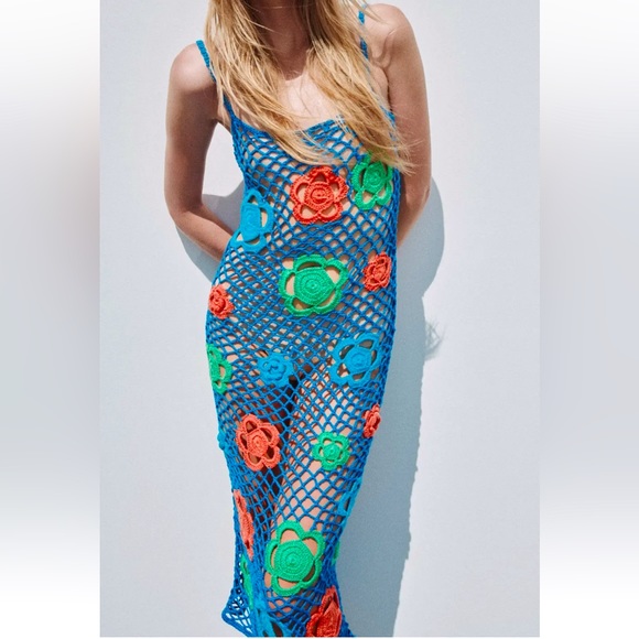 Zara Limited Edition Crochet Blue Flower Dress Sold Out Bloggers Fave Knit - Picture 4 of 15